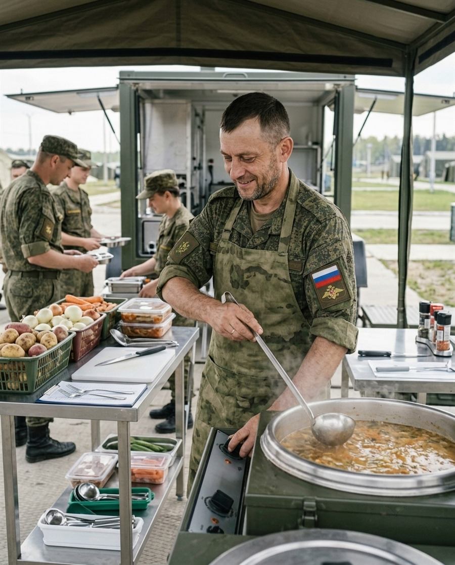 Повар готовит горячее питание в полевой кухне
