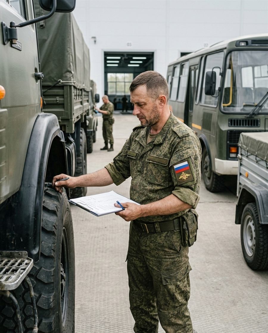 Водитель проводит технический осмотр колонны грузовиков перед выездом