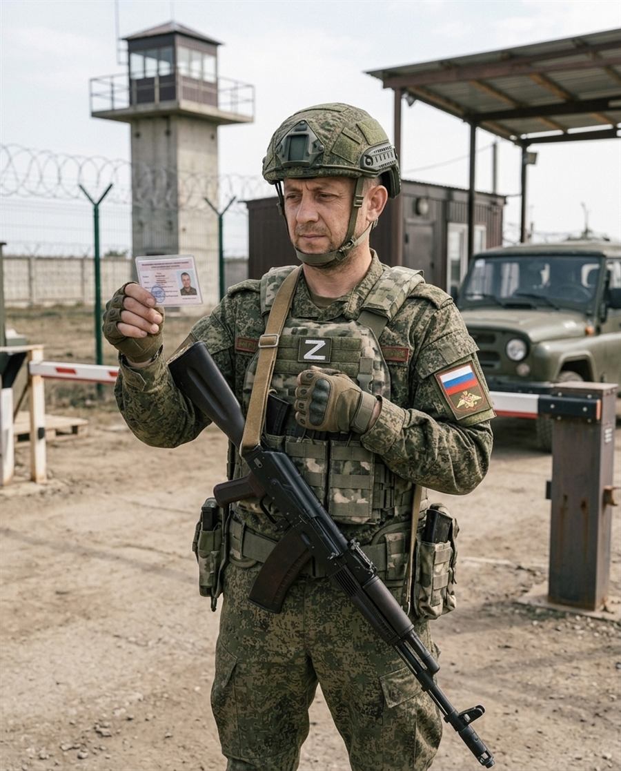 Военнослужащий проверяет документы на контрольно-пропускном пункте