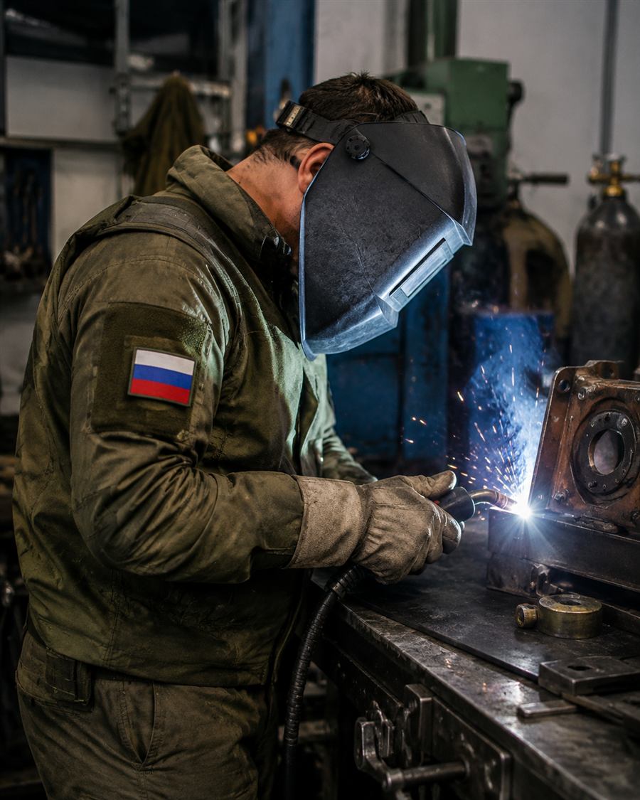 Сварщик работает со сварочным аппаратом в мастерской
